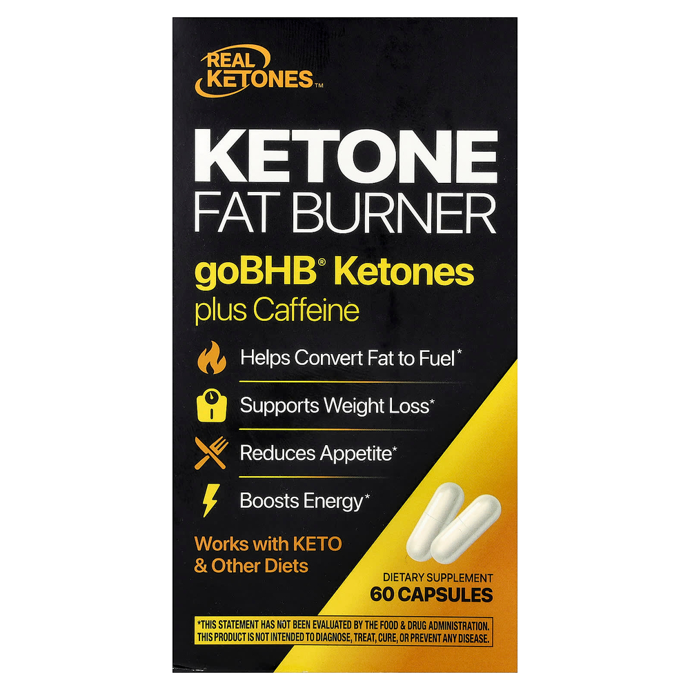 Real Ketones, кетоновый сжигатель жира, кетоны с кофеином goBHB®, 60 капсул