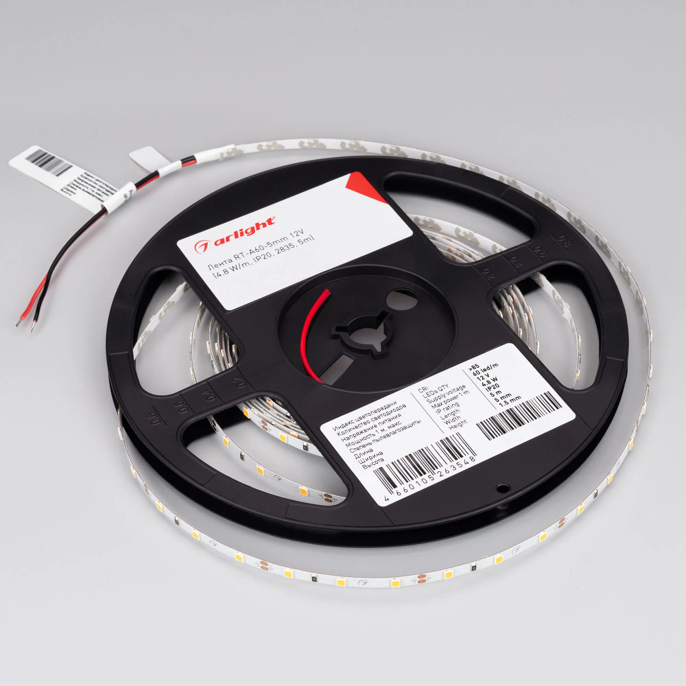 Светодиодная лента RT-A60-5mm 12V Day4000 (4.8 W/m, IP20, 2835, 5m) (Arlight, 4.8 Вт/м, IP20) 028613(2)