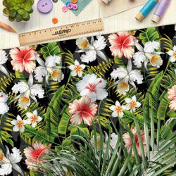 Ткань ниагара пёстрые цветы и папоротники на чёрном фоне