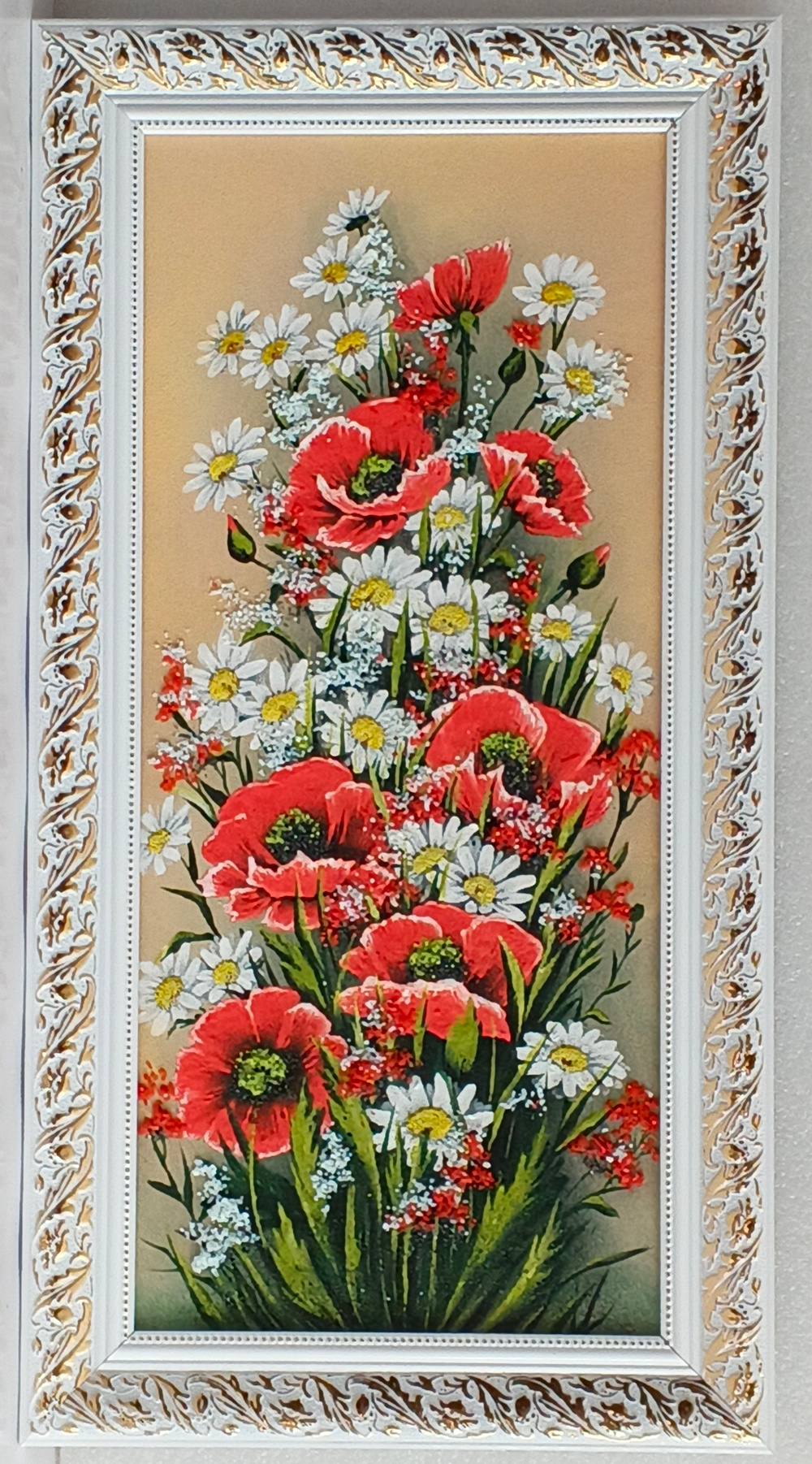 Картина " Букет Маки с ромашками" рисованная камнем 64-34см