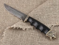 Нож "Тигр малый", дамасская сталь, рукоять черный граб мореный, литье голова зверя