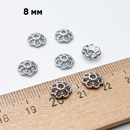 Шапочки, цвет серебро (родий), размер 8*2,8 мм, цена за 10 шт