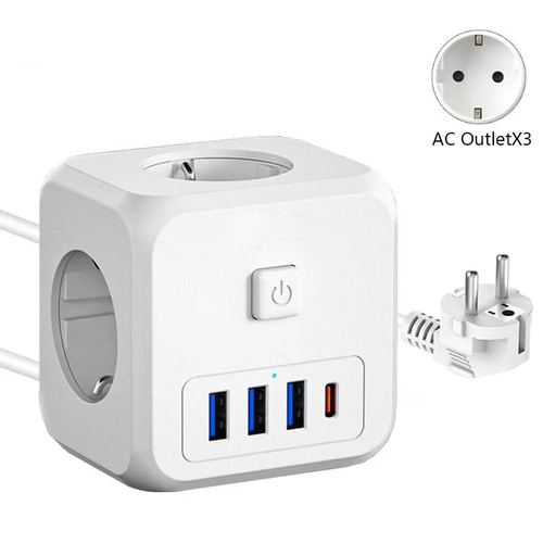Тройник-удлинитель 1.5 метра, с USB, Type-C PowerCube, 3 гнезда 220V, 3 USB 2100mA / 1 Type-C 3400mA, c заземлением, защитные шторки, 16 A/4000 Вт.