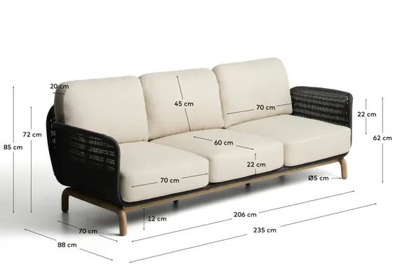 Уличный диван Alipa из акации и темно-серой веревки 235 см