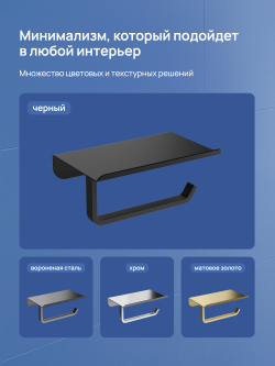 Держатель для туалетной бумаги STWORKI Киркенес S45345BK настенный, матовый черный, с полкой