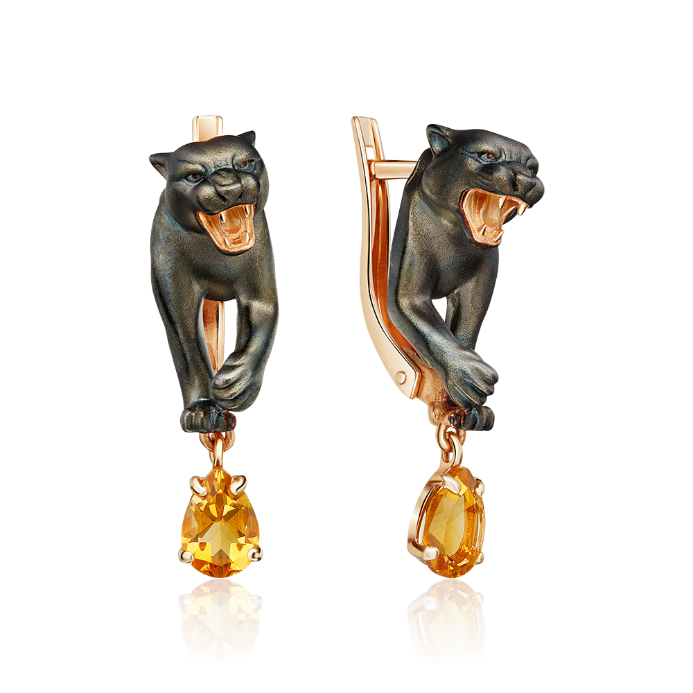 Серьги «Чёрные пантеры» с английским замком из красного золота с цитрином