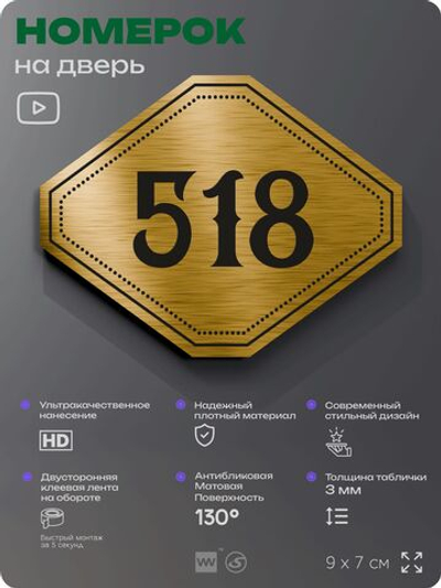 Номерок на дверь квартиры 518, для кабинета, офиса, шильдик 9 х 7 см, золотистый, Айдентика Технолоджи