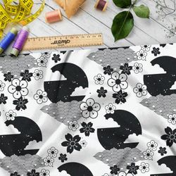 Ткань шелк Армани чёрно-белые японские декорации