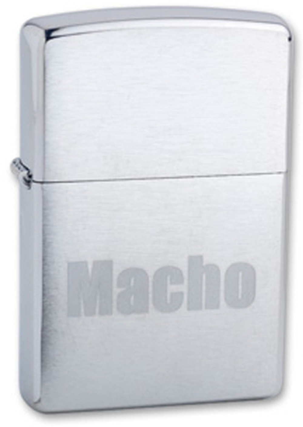 Легендарная классическая американская бензиновая широкая зажигалка ZIPPO Classic  Brushed Chrome™ серебристая матовая из латуни и стали с надписью "Мачо" на фронтальной поверхности ZP-200 Macho