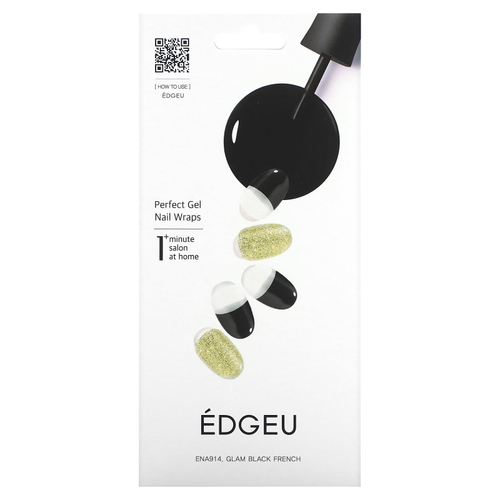 Edgeu, Perfect Gel, повязка для ногтей, ENA 914 Glam, черный, френч, набор из 19 предметов