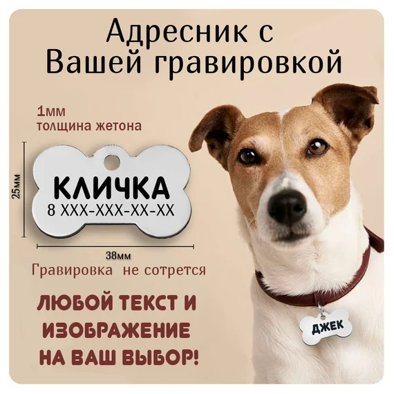 Адресник для собачек и кошечек, с гравировкой большая хромированная "Косточка" 38*25мм (металл)