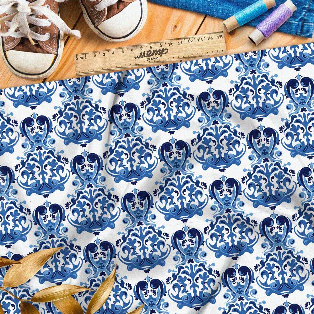 Ткань бязь отзеркаленные элементы гжели на белом фоне