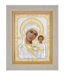 Казанская БМ, икона прямоугольная в рамке под стеклом, белое дерево 232х280