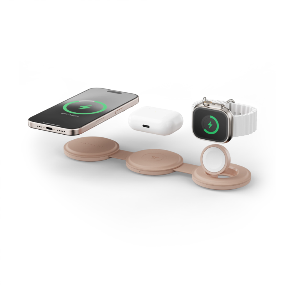 Складная зарядная станция MagSafe Satechi OntheGo Charger для iPhone, Apple Watch и AirPods (Qi2) Беспроводная зарядка: Qi 15 Вт, Qi 5 Вт, магнитное крепление для быстрой зарядки Apple Watch (Qi 5 Вт). Проводная зарядка: нет. Сертификации MFi и Qi2. Есть