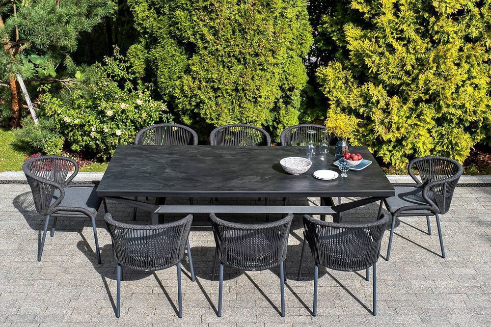 "Милан" стул плетеный из роупа, каркас алюминий темно-серый (RAL7024) муар, роуп темно-серый круглый, ткань темно-серая 027