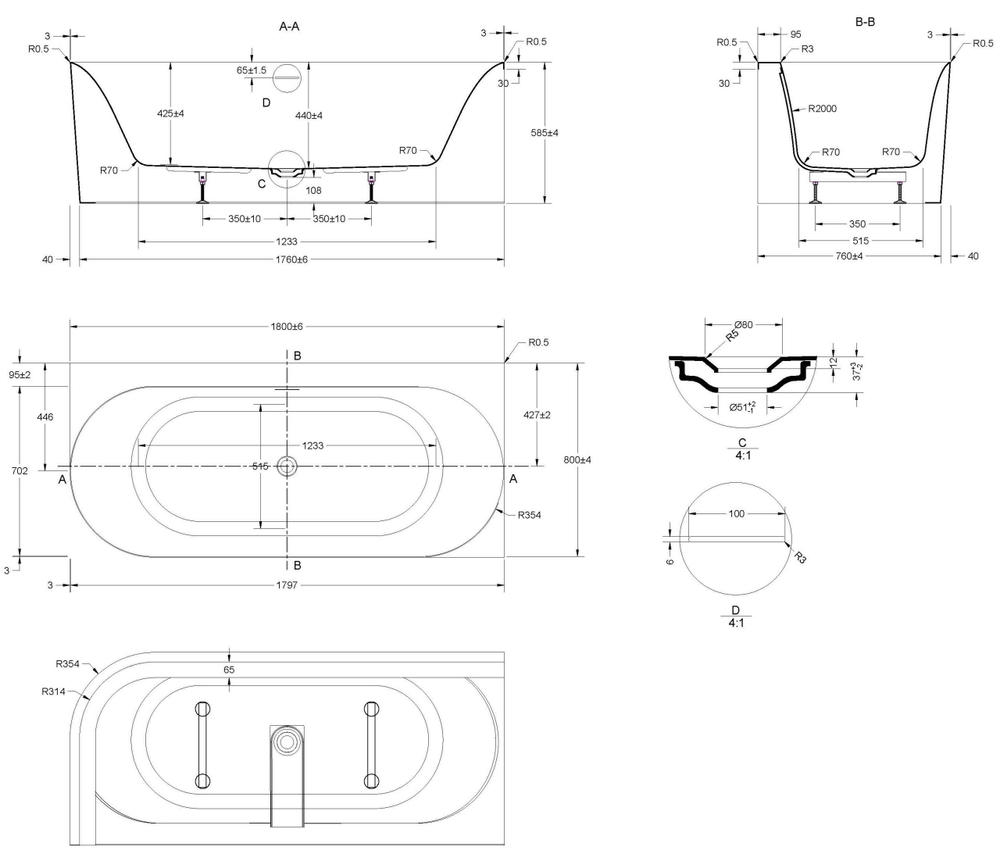 Ванна акриловая Vincea VBT-704-1800-L, 1800*800*585, цвет белый, левая, щелевой перелив, слив белый