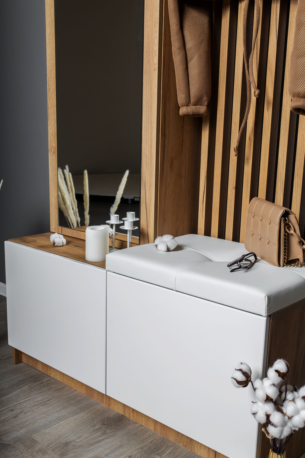 Прихожая с зеркалом комплект мебели Дуб Крафт Золотой/Серый Шифер, Бостон, 250х51х236 см Стиль