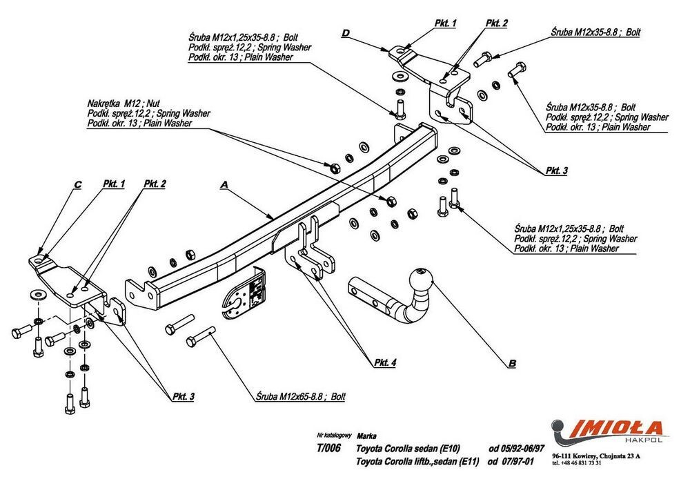 Фаркоп IMIOLA T.006 для Toyota Corolla хетчбек E10 1992-1997, Toyota Corolla хетчбек E11 1997-2002(паспорт и сертификат в комплекте)(без электрики)