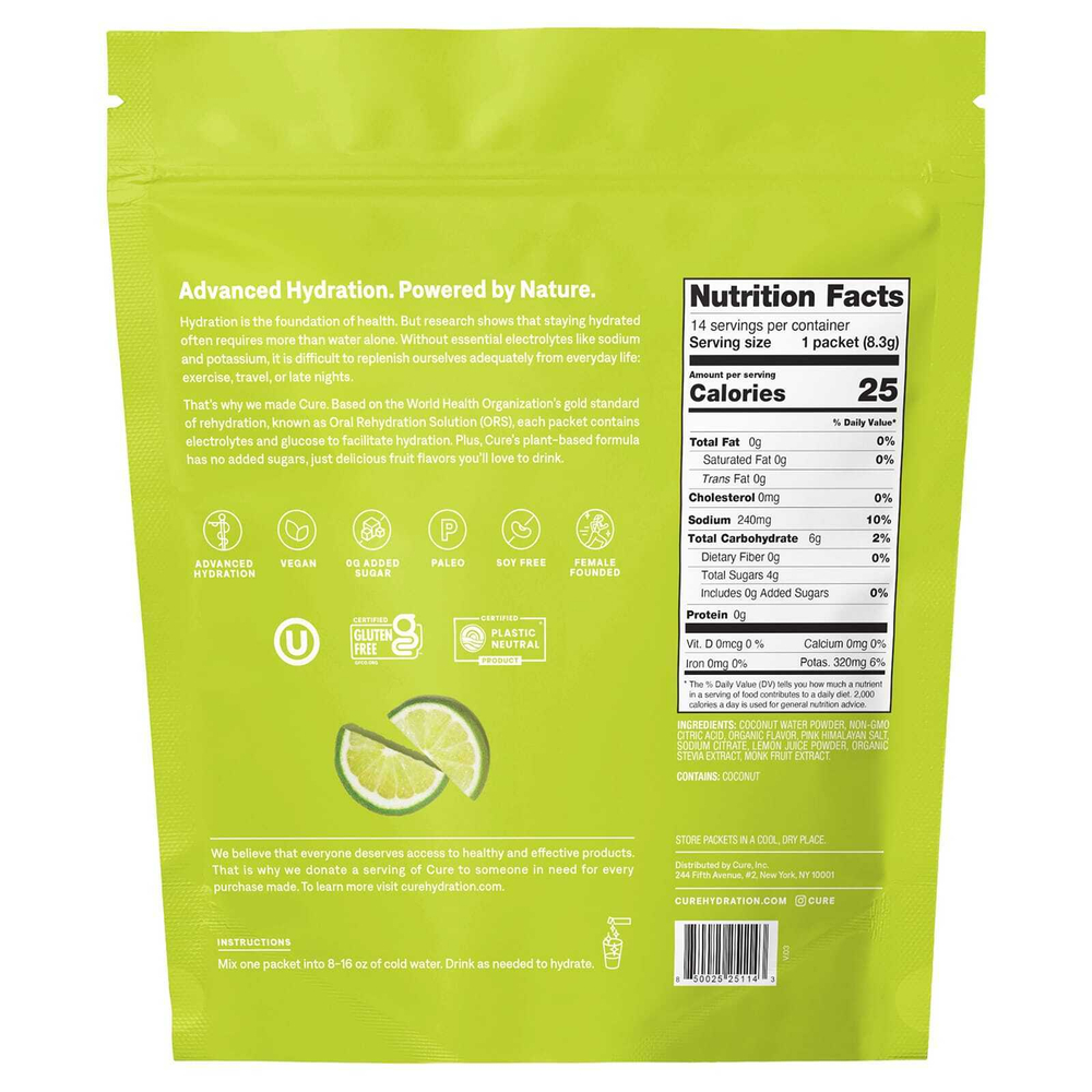 Cure Hydration, смесь электролитов для гидратации, лайм, 14 пакетиков по 8,3 г (0,29 унции) каждый
