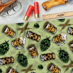 Ткань лён съедобные черепа на зелёном фоне