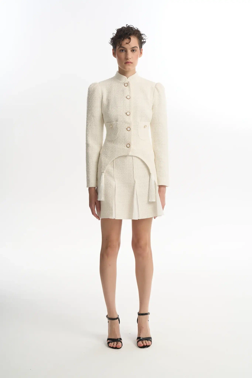 Жакет с кисточками твидовый белый