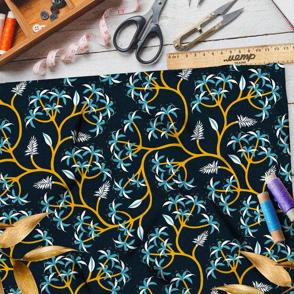 Ткань дюспо голубые цветы на золотых стеблях