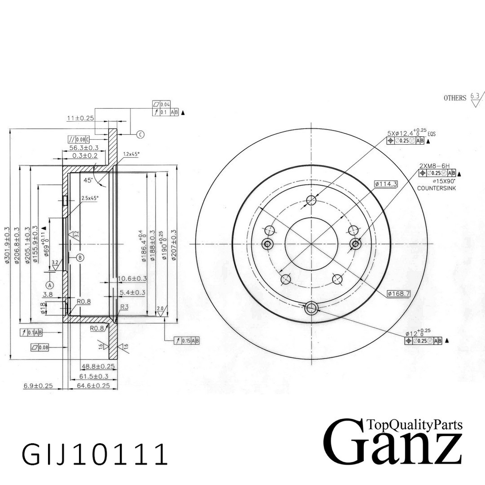 Диск тормозной задний с покрытием HYUNDAI Santa Fe II /D=302mm GANZ GIJ10111