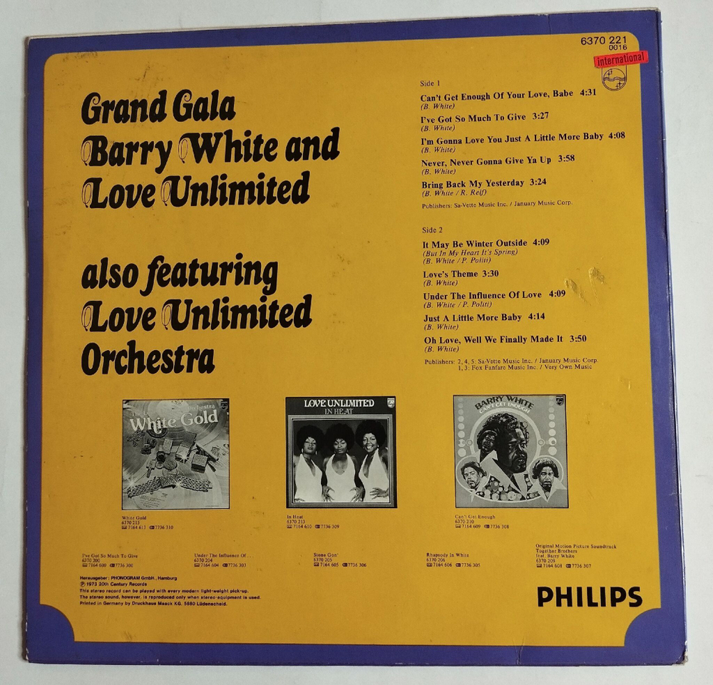 Винтажная виниловая пластинка LP Barry White And Love Unlimited Also Featuring Love Unlimited Orchestra Grand Gala (Germany 1973)