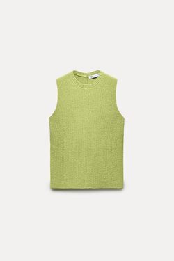 ZARA ОДНОТОННЫЙ ТРИКОТАЖНЫЙ ТОП С ПУГОВИЦАМИ СЗАДИ, ЗЕЛЕНЫЙ