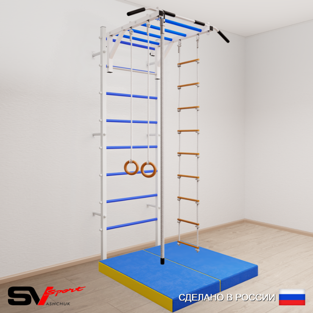 Шведская стенка Sv Sport усиленная 6214 (Турник рукоход/Канат/Кольца/Лестница/Мат 1м)