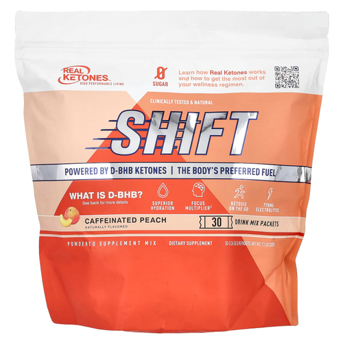 Real Ketones, Shift, персик с кофеином, 30 пакетиков смеси для приготовления напитка, 6,9 г (0,24 унции)