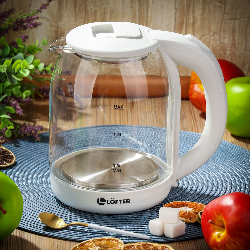 Чайник электрический Lofter, бел, 1.5 л, с подсветкой, 1500 Вт, ск нагр элем, стекло