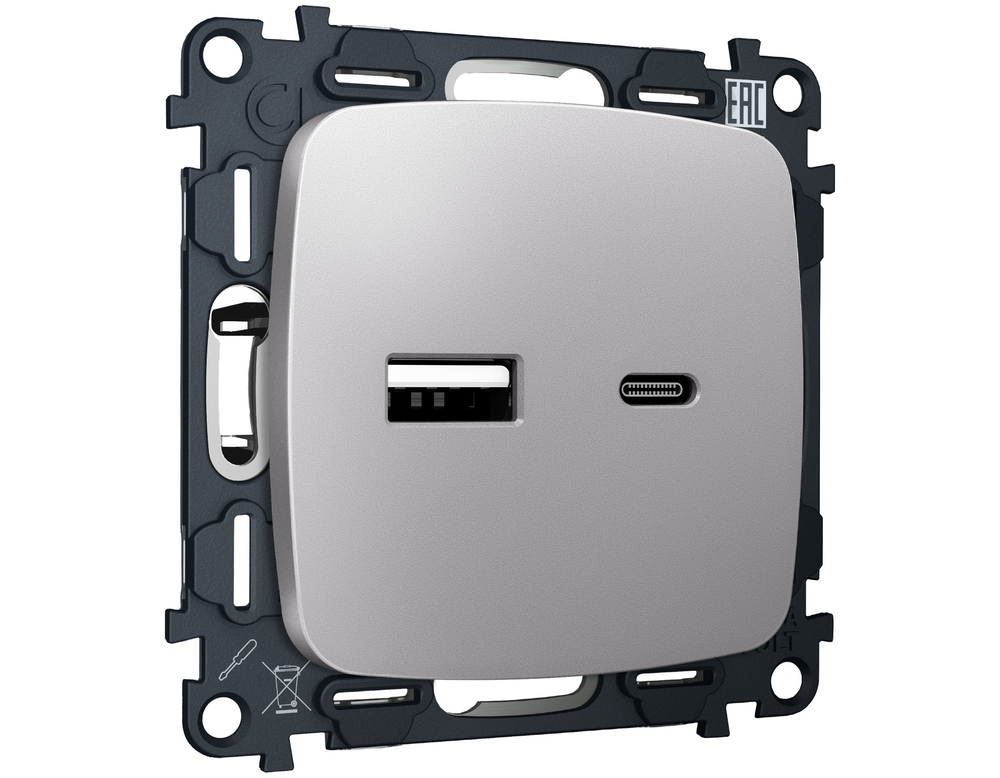 MO511010 Комплект механизма розетки OMEGA Сталь матовый 2USB A+C 20W 3000mA (быстрая зарядка) QUANT (OP5110, VM177)