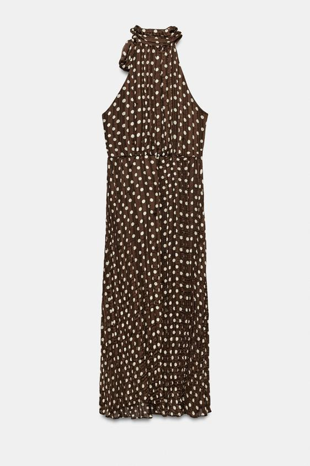 ZARA ПЛАТЬЕ МИДИ В ГОРОШЕК С БАНТОМ, КОРИЧНЕВЫЙ/ЭКРЮ