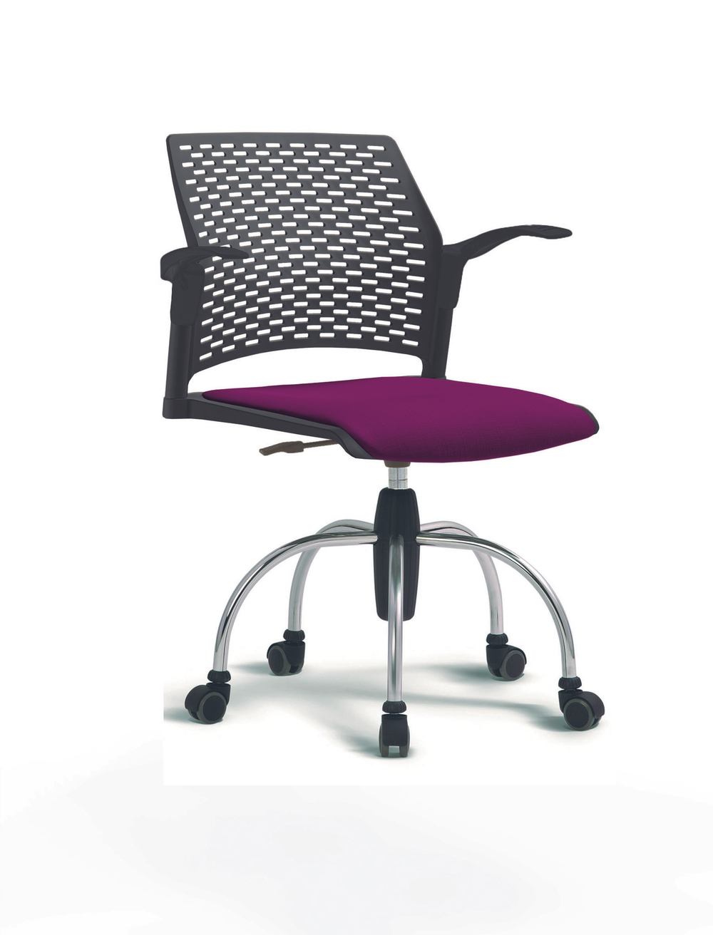 Кресло Rewind каркас хромированный, пластик черный, база паук хромированная, с открытыми подлокотниками, сиденье фиолетовое