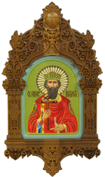 Рукописная икона Святой равноапостольный князь Владимир на кипарисе 20х15см в резном киоте