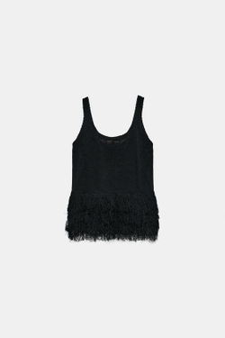 ZARA ТРИКОТАЖНЫЙ ТОП С БАХРОМОЙ, ЧЕРНЫЙ