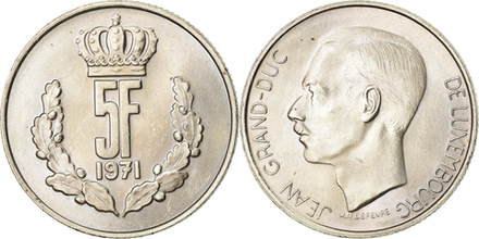 Люксембург 5 франков, 1971 - 1981 Великий герцог Жан XF