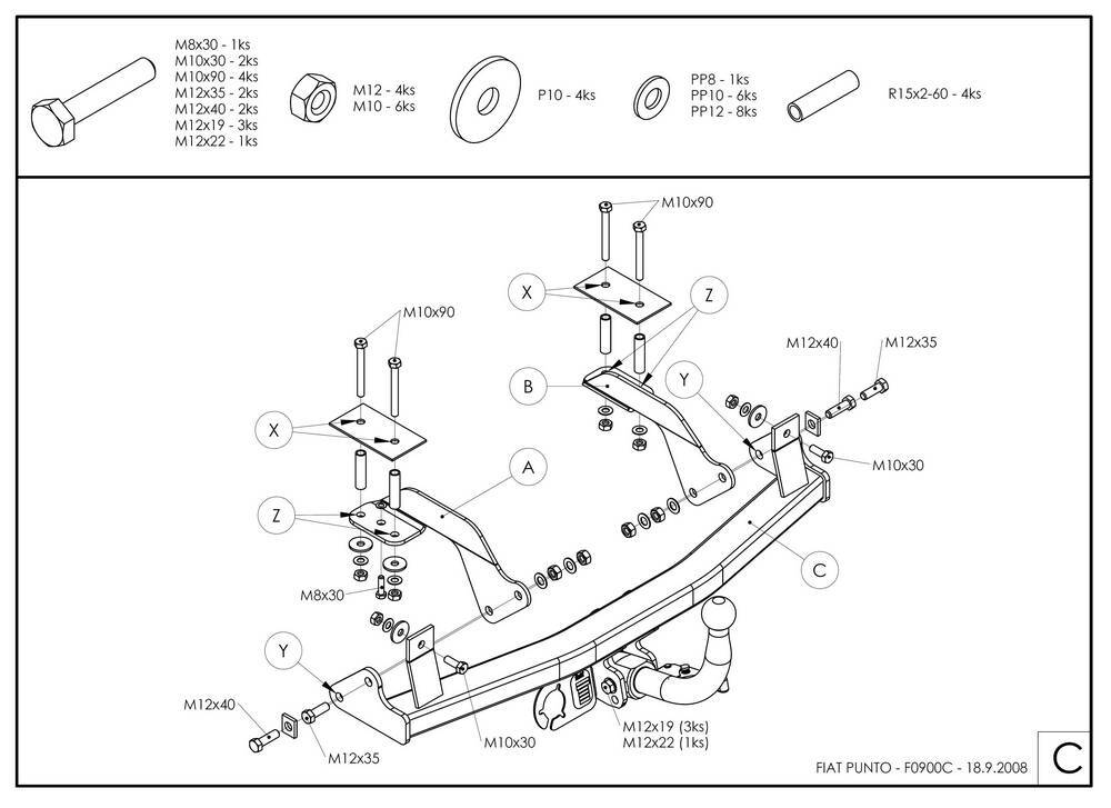 Фаркоп оцинкованный Galia F090A для FIAT Punto 1999-2005, FIAT Grande Punto 2005-2012(паспорт и сертификат в комплекте)(без электрики)