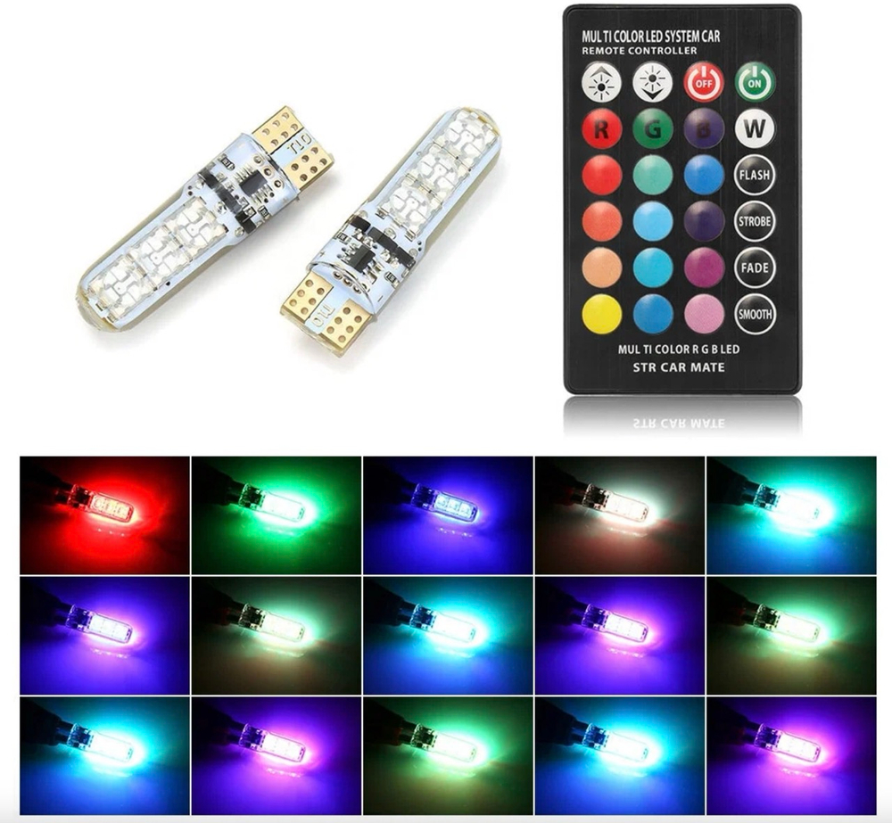 Светодиодная автомобильная лампа T10 W5W RGB. В передние и задние габариты, подсветка номера, подсветка салона. (2 шт. / комплект.) -