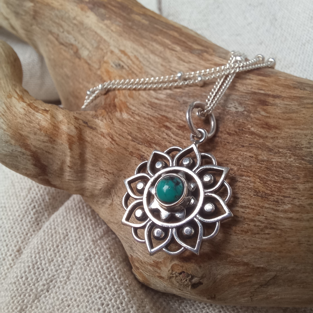 Подвеска МАНДАЛА с  цепочкой, серебро/бирюза