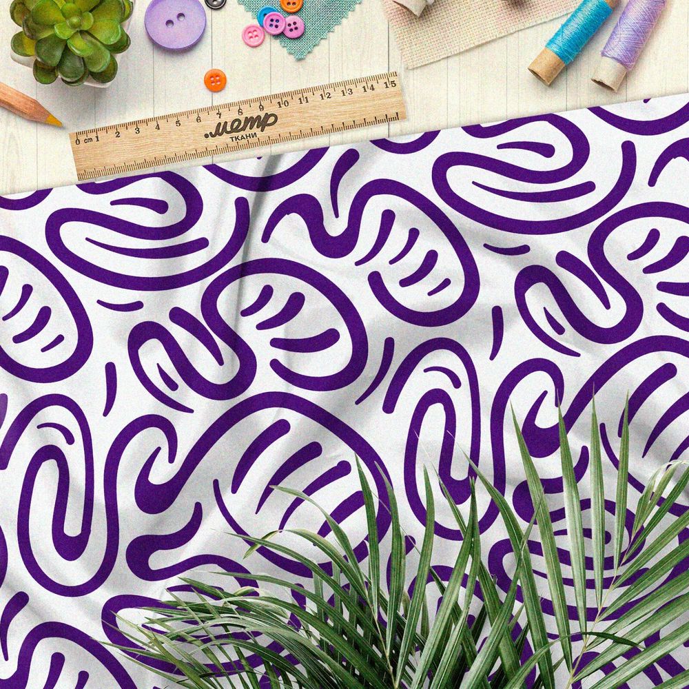 Ткань бифлекс плавные фиолетовые узоры на белом фоне
