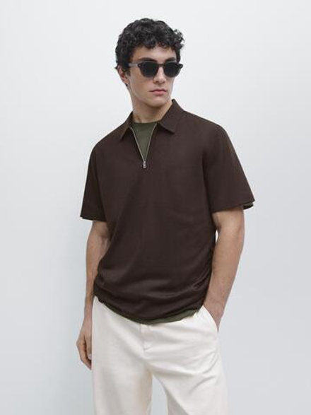 Massimo Dutti Поло с короткими рукавами и молнией, шоколадный