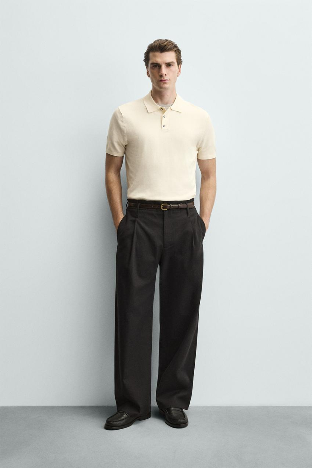 ZARA ПОЛО ИЗ ТРИКОТАЖА КЛАССИЧЕСКОГО КРОЯ, ЖЕЛТОВАТО-БЕЛЫЙ