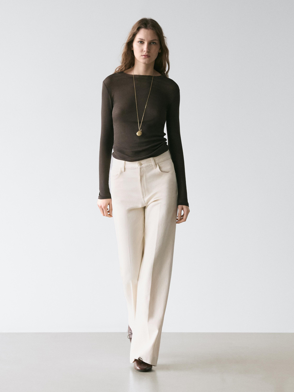 Massimo Dutti Джинсы-палаццо с высокой талией, кремовый