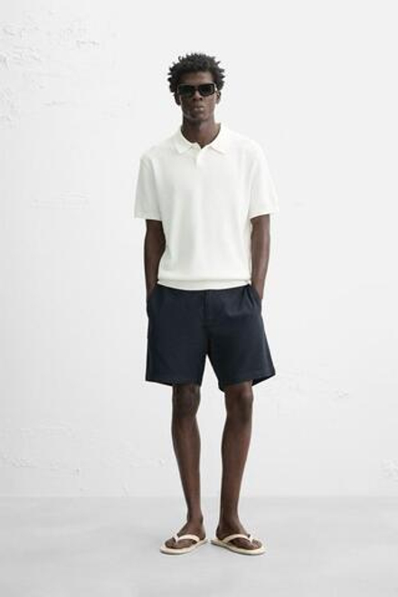 ZARA ШОРТЫ ИЗ ХЛОПКА И ЛЬНА, МОРСКОЙ СИНИЙ