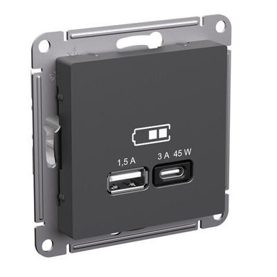 ATLASDESIGN USB РОЗЕТКА A + тип-C 45Вт высокоскор.заряд. QC, PD, мех., БАЗАЛЬТ