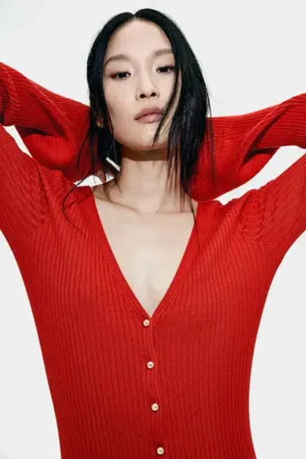 H&M ПЛАТЬЕ С V-ОБРАЗНЫМ ВЫРЕЗОМ, КРАСНЫЙ