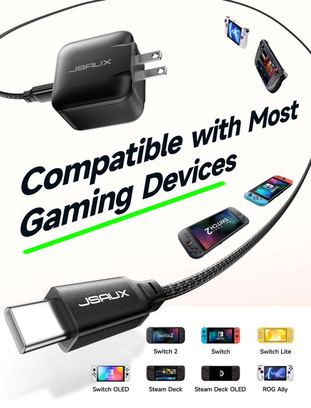 Зарядное устройство JSAUX CH6505 (PD 65W) для быстрой зарядки Steam Deck LCD/OLED, ASUS ROG Ally / ROG Ally X, Lenovo Legion Go, MSI Claw, Nintendo Switch/OLED/Switch 2, MacBook