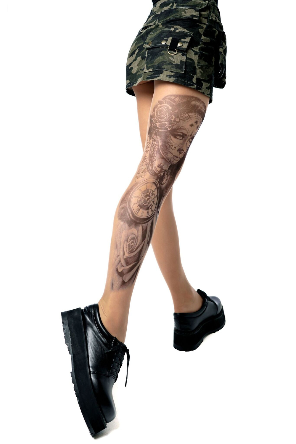 Колготки с рисунком в виде девушки с макияжем калавера на левой ножке (Размер: S-M-L) (Цвет: бежевый)